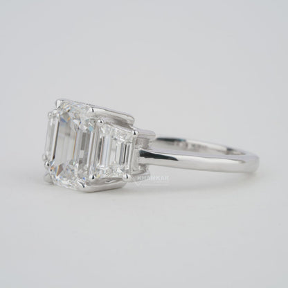 Emerald Lab Diamond Three Stone Ring with Trapezoid Sides