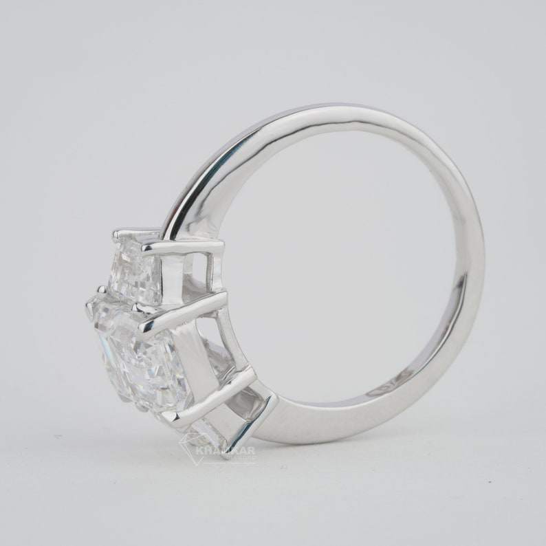 Emerald Lab Diamond Three Stone Ring with Trapezoid Sides
