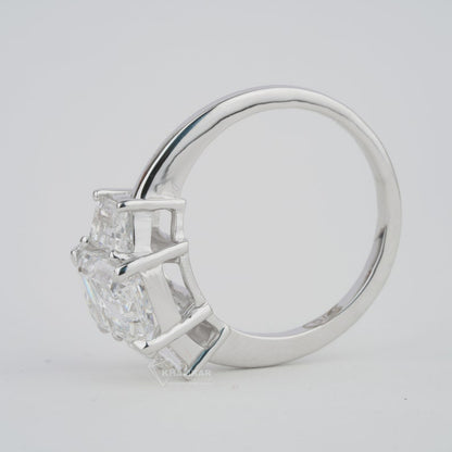 Emerald Lab Diamond Three Stone Ring with Trapezoid Sides