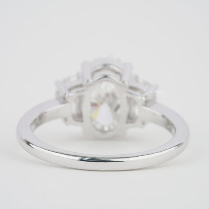 Oval Lab Diamond Three Stone Engagement Ring – Half Moon Side Stones in White Gold