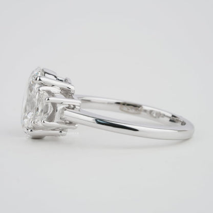 Oval Lab Diamond Three Stone Engagement Ring – Half Moon Side Stones in White Gold