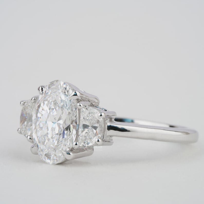 Oval Cut Diamond Three Stone Engagement Ring,3 CT Oval Labgrown Diamond Ring,Half Moon Side Stone,CVD Diamond Wedding Ring,For Anniversary