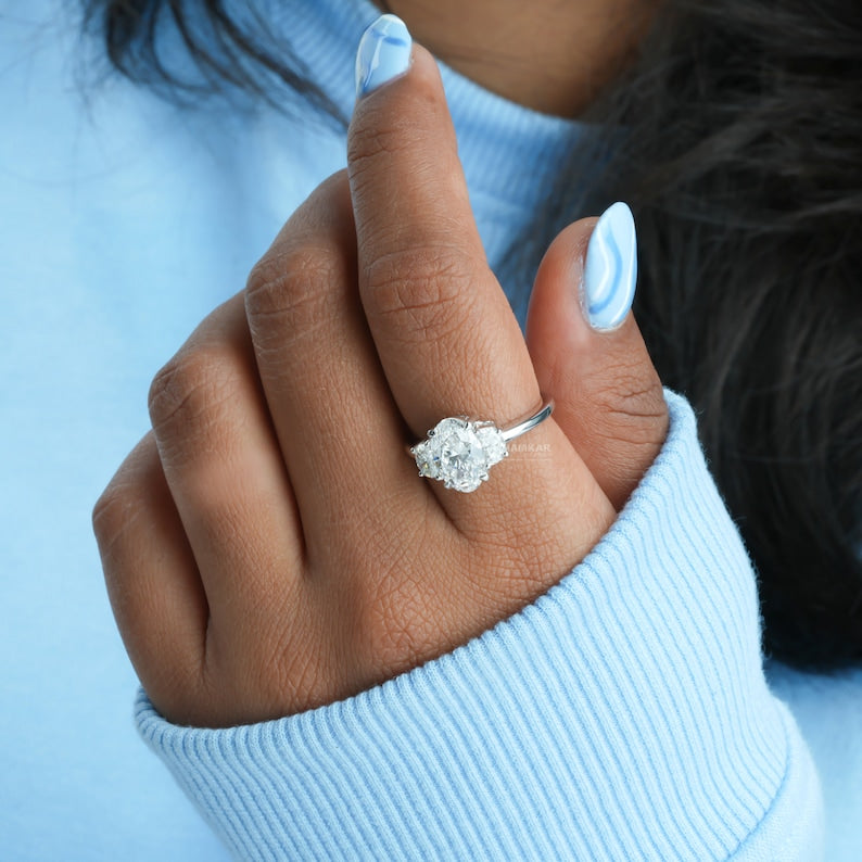 Oval Cut Diamond Three Stone Engagement Ring,3 CT Oval Labgrown Diamond Ring,Half Moon Side Stone,CVD Diamond Wedding Ring,For Anniversary