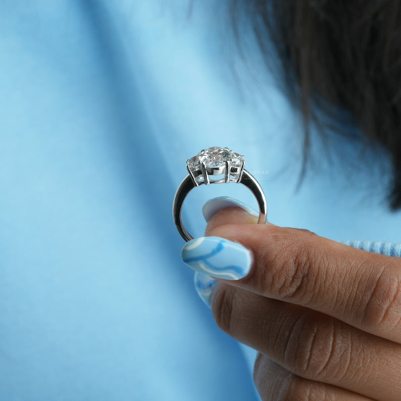 Oval Cut Diamond Three Stone Engagement Ring,3 CT Oval Labgrown Diamond Ring,Half Moon Side Stone,CVD Diamond Wedding Ring,For Anniversary