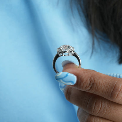 Oval Lab Diamond Three Stone Engagement Ring – Half Moon Side Stones in White Gold