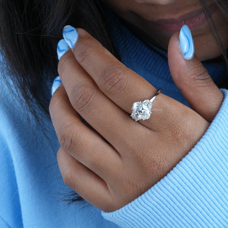 Oval Cut Diamond Three Stone Engagement Ring,3 CT Oval Labgrown Diamond Ring,Half Moon Side Stone,CVD Diamond Wedding Ring,For Anniversary