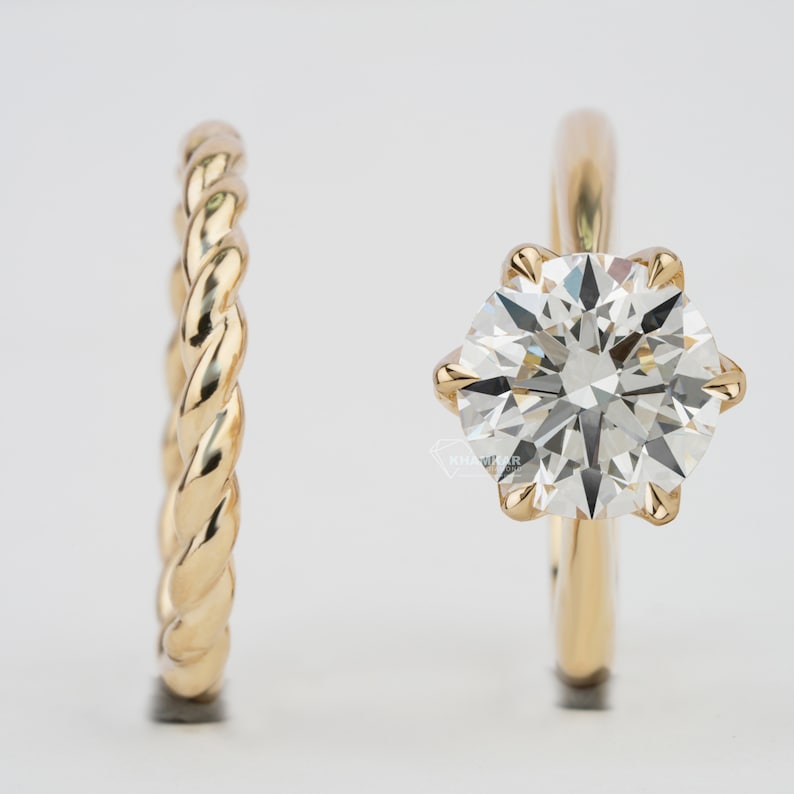 Round 3CT Lab Diamond Ring Set with Twisted Wedding Band