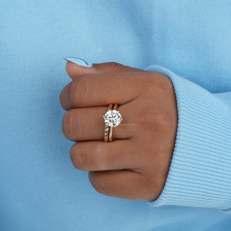 Round 3CT Lab Diamond Ring Set with Twisted Wedding Band