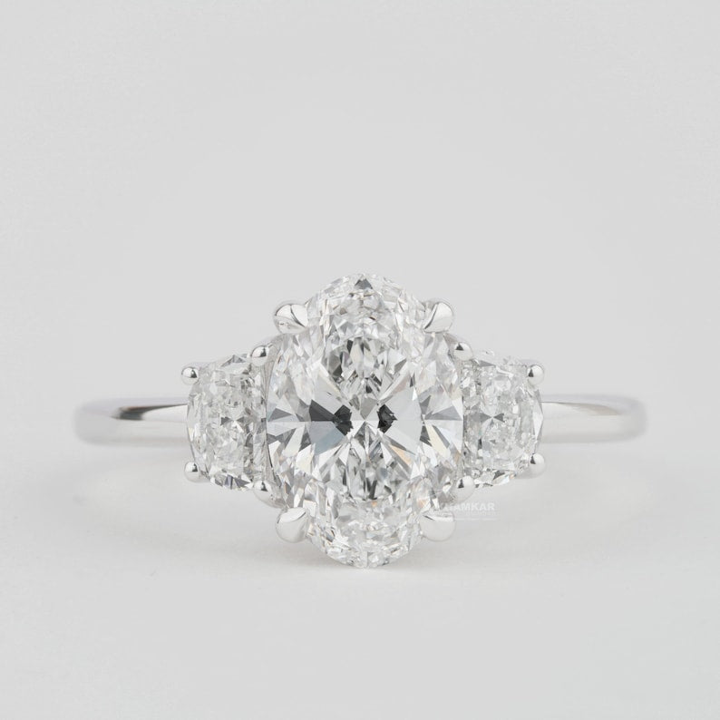 Oval Cut Diamond Three Stone Engagement Ring,3 CT Oval Labgrown Diamond Ring,Half Moon Side Stone,CVD Diamond Wedding Ring,For Anniversary