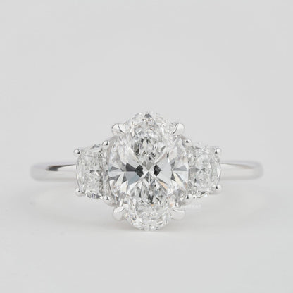Oval Lab Diamond Three Stone Engagement Ring – Half Moon Side Stones in White Gold