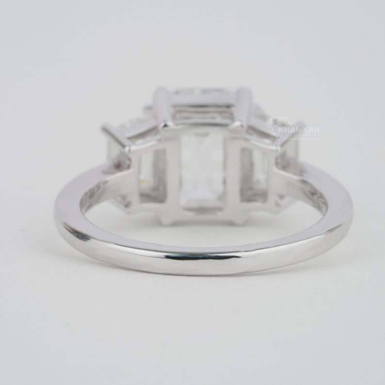 Emerald Lab Diamond Three Stone Ring with Trapezoid Sides