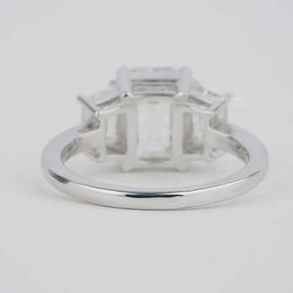 Emerald Lab Diamond Three Stone Ring with Trapezoid Sides