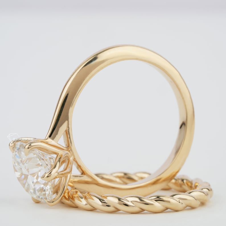 Round 3CT Lab Diamond Ring Set with Twisted Wedding Band