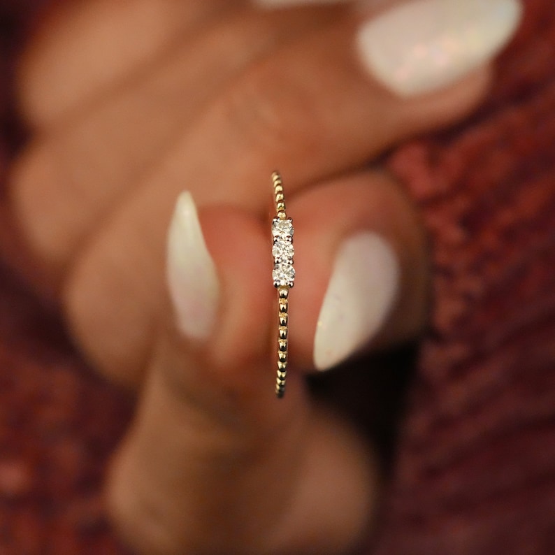 Thin Triple Stone Diamond Ring | Daily Wear Stacking Ring