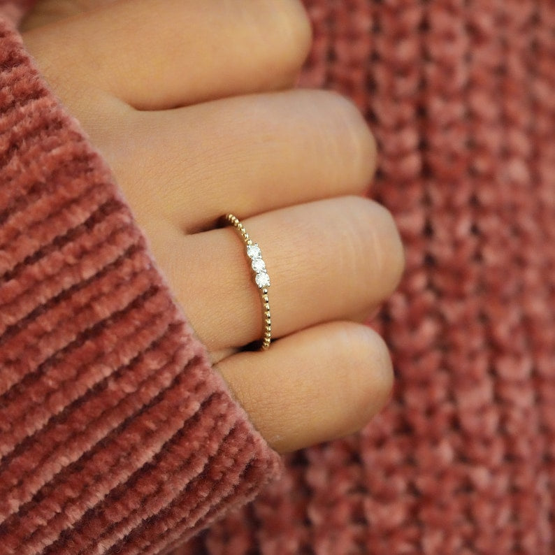 Thin Triple Stone Diamond Ring | Daily Wear Stacking Ring