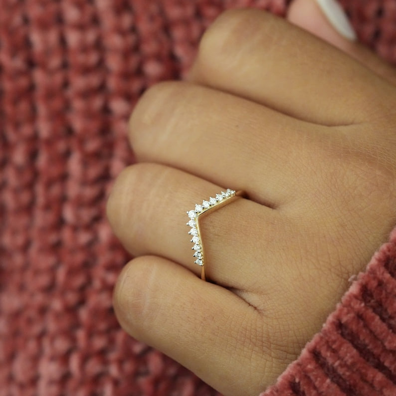 Lab Diamond Chevron Ring 14K Gold Curved Wedding Band