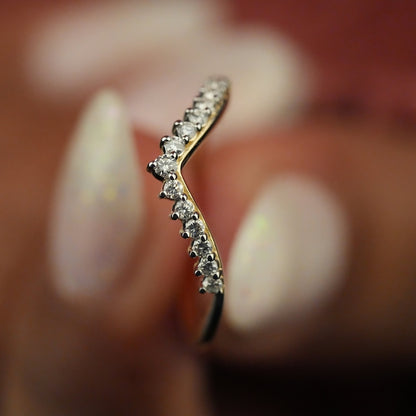 Lab Diamond Chevron Ring 14K Gold Curved Wedding Band