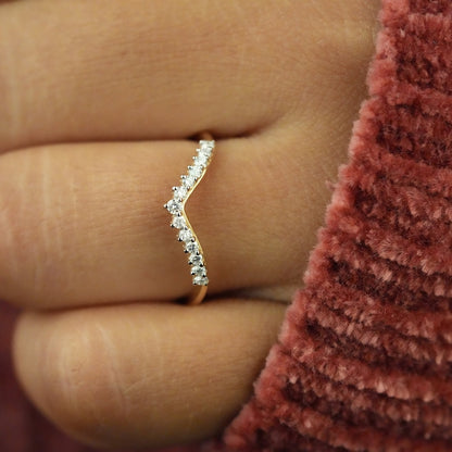 Lab Diamond Chevron Ring 14K Gold Curved Wedding Band