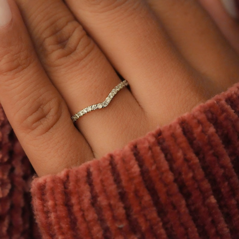 Lab Diamond Chevron Ring 14K Gold, V Shape Stacking Band