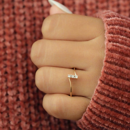 Three Stone Lab Diamond Ring 14K Gold Minima Ring for Women