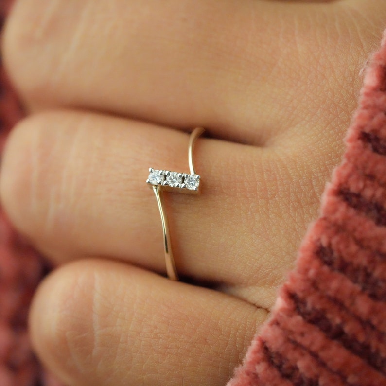 Three Stone Lab Diamond Ring 14K Gold Minima Ring for Women