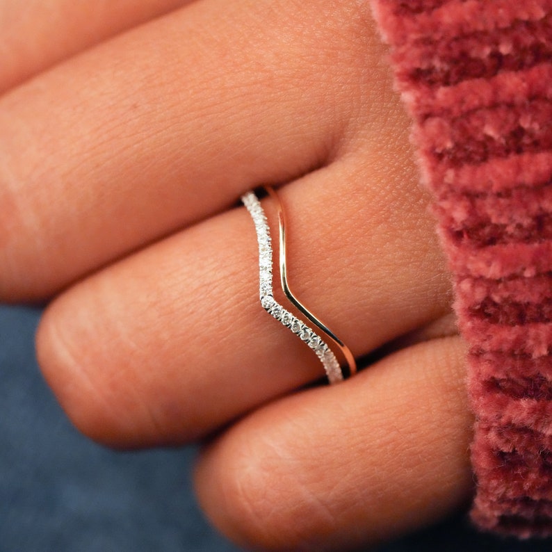 Lab Diamond V Shape Wedding Band 14K Gold, Pave Stacking Ring