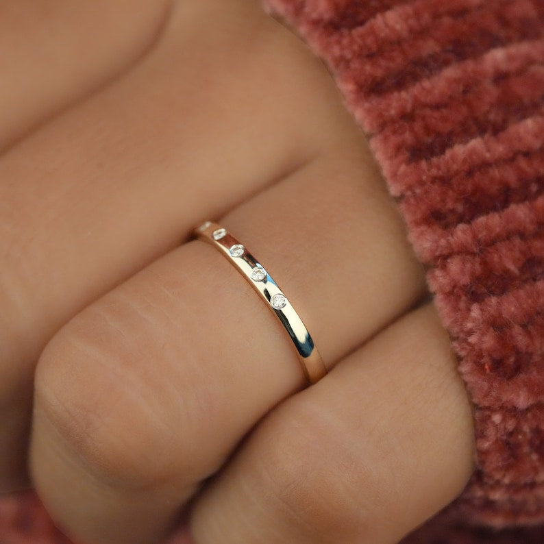14K Gold 5 Stone Diamond Ring Dainty Stacking Band