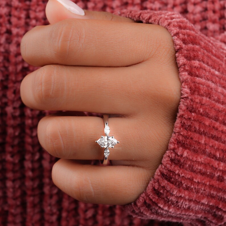Marquise Lab Diamond Three Stone wedding ring