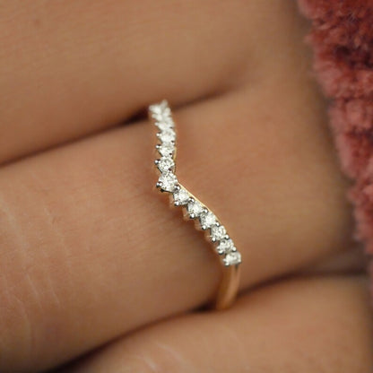 Lab Diamond Chevron Ring 14K Gold Curved Wedding Band