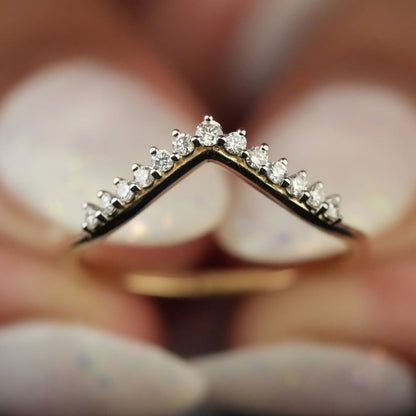 Lab Diamond Chevron Ring 14K Gold Curved Wedding Band