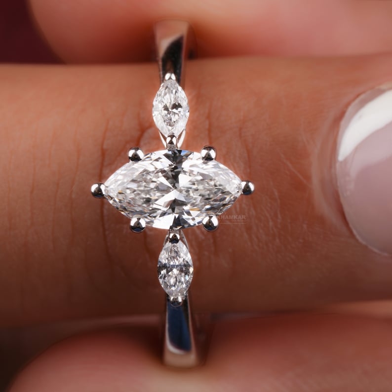 Marquise Lab Diamond Three Stone wedding ring