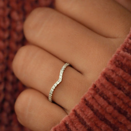 Lab Diamond Chevron Ring 14K Gold, V Shape Stacking Band