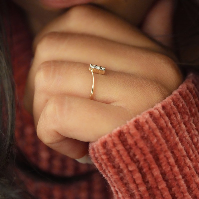 Three Stone Lab Diamond Ring 14K Gold Minima Ring for Women