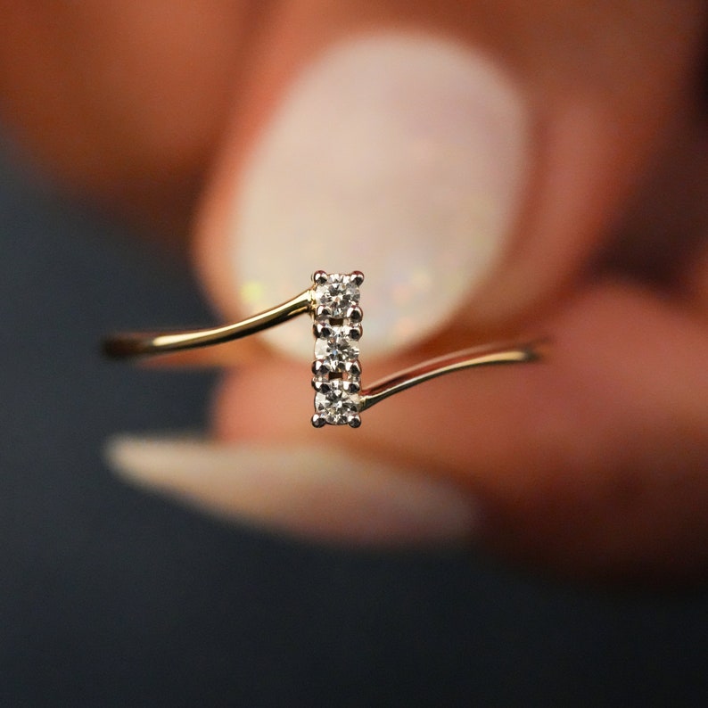 Three Stone Lab Diamond Ring 14K Gold Minima Ring for Women