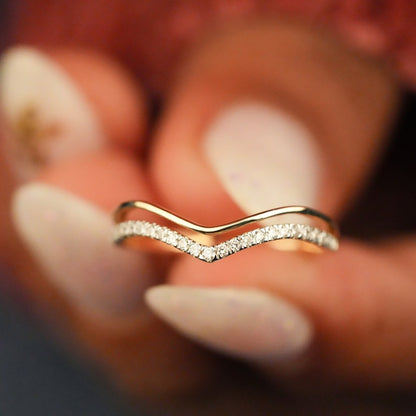 Lab Diamond V Shape Wedding Band 14K Gold, Pave Stacking Ring
