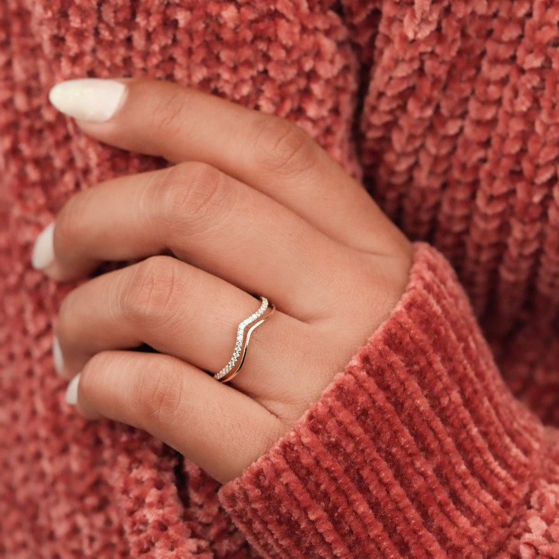 Lab Diamond V Shape Wedding Band 14K Gold, Pave Stacking Ring