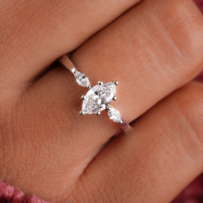 Marquise Lab Diamond Three Stone wedding ring