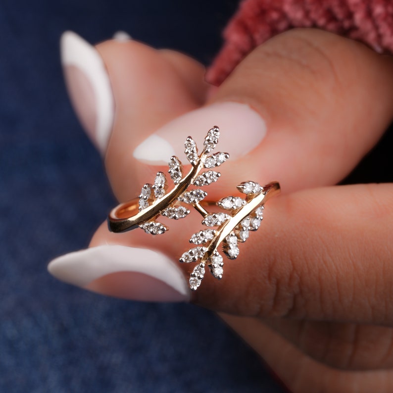 Nature Inspired Vine Ring for Women, Lab Diamond Leaf Ring
