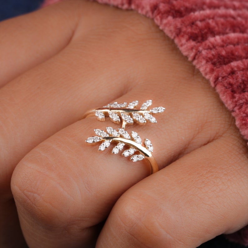 Nature Inspired Vine Ring for Women, Lab Diamond Leaf Ring