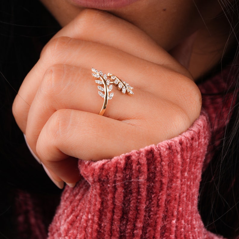 Nature Inspired Vine Ring for Women, Lab Diamond Leaf Ring