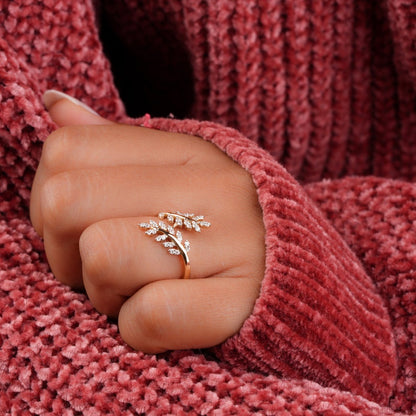 Nature Inspired Vine Ring for Women, Lab Diamond Leaf Ring