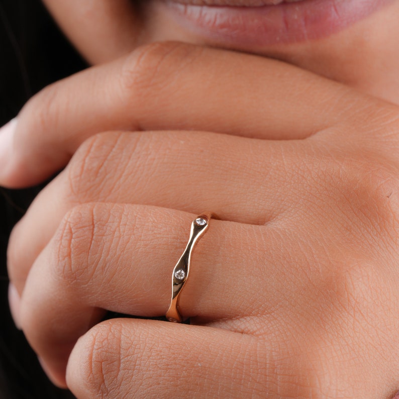 14K Gold Wave Bezel Lab Grown Diamond Wedding & Stacking Band