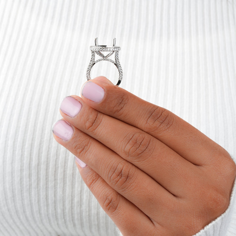 Semi Mount Ring For 13MM Round Brilliant Diamond Pave Setting Semi Mount Engagement Ring Diamond Hidden Halo Semi Mount Wedding Ring