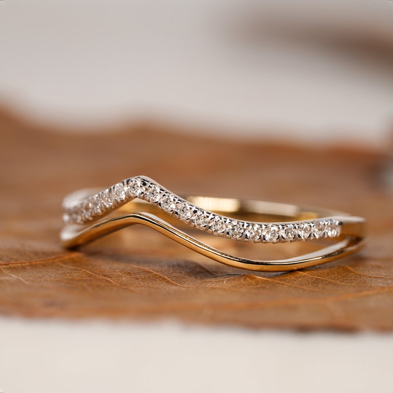 Lab Diamond V Shape Wedding Band 14K Gold, Pave Stacking Ring