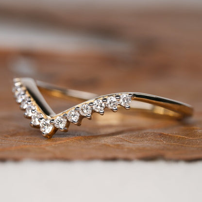 Lab Diamond Chevron Ring 14K Gold Curved Wedding Band