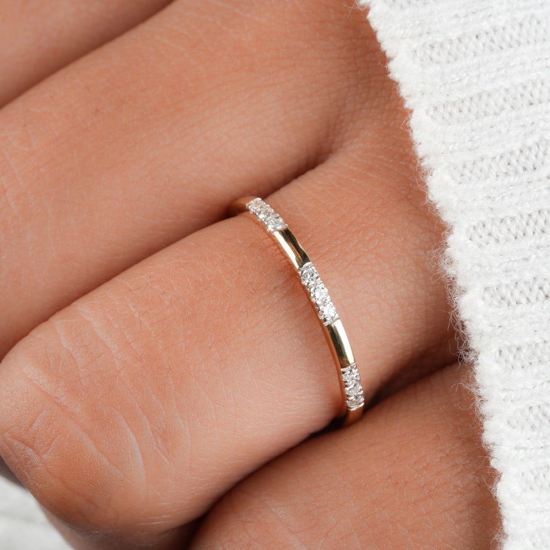 Lab Diamond Wedding Band 14K Gold, Minimal Pave Stacking Ring