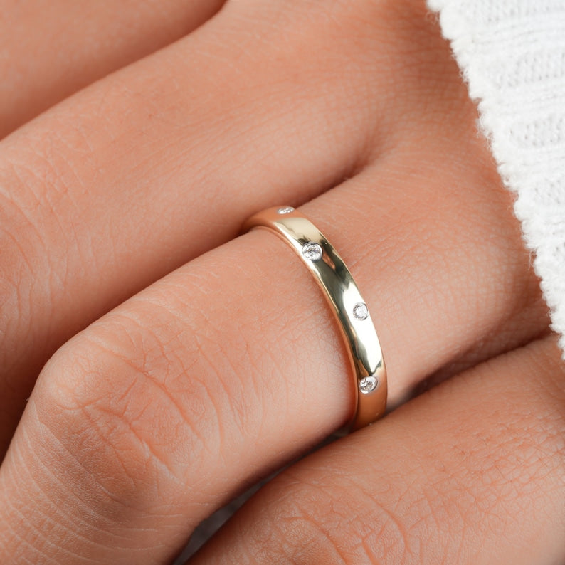 Lab Diamond Bezel Band Ring 14K Gold, Minimal Wedding Band