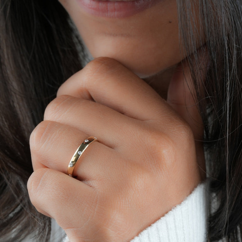 Lab Diamond Bezel Band Ring 14K Gold, Minimal Wedding Band