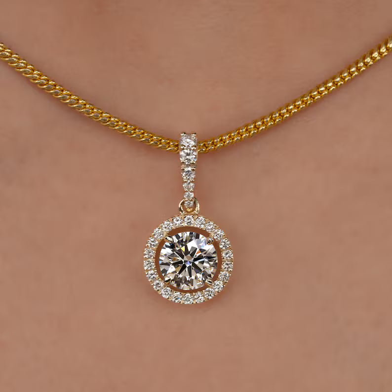 1 CT Round Diamond Halo Pendant Lab Diamond Anniversary Pendant Cluster Lab Grown Diamond Pendant for Birthday Gift Simple Pendant for Wife