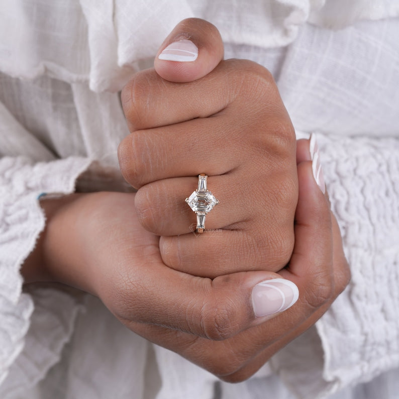Dutch Marquise Lab Diamond Ring, 2CT Three Stone Baguette Ring